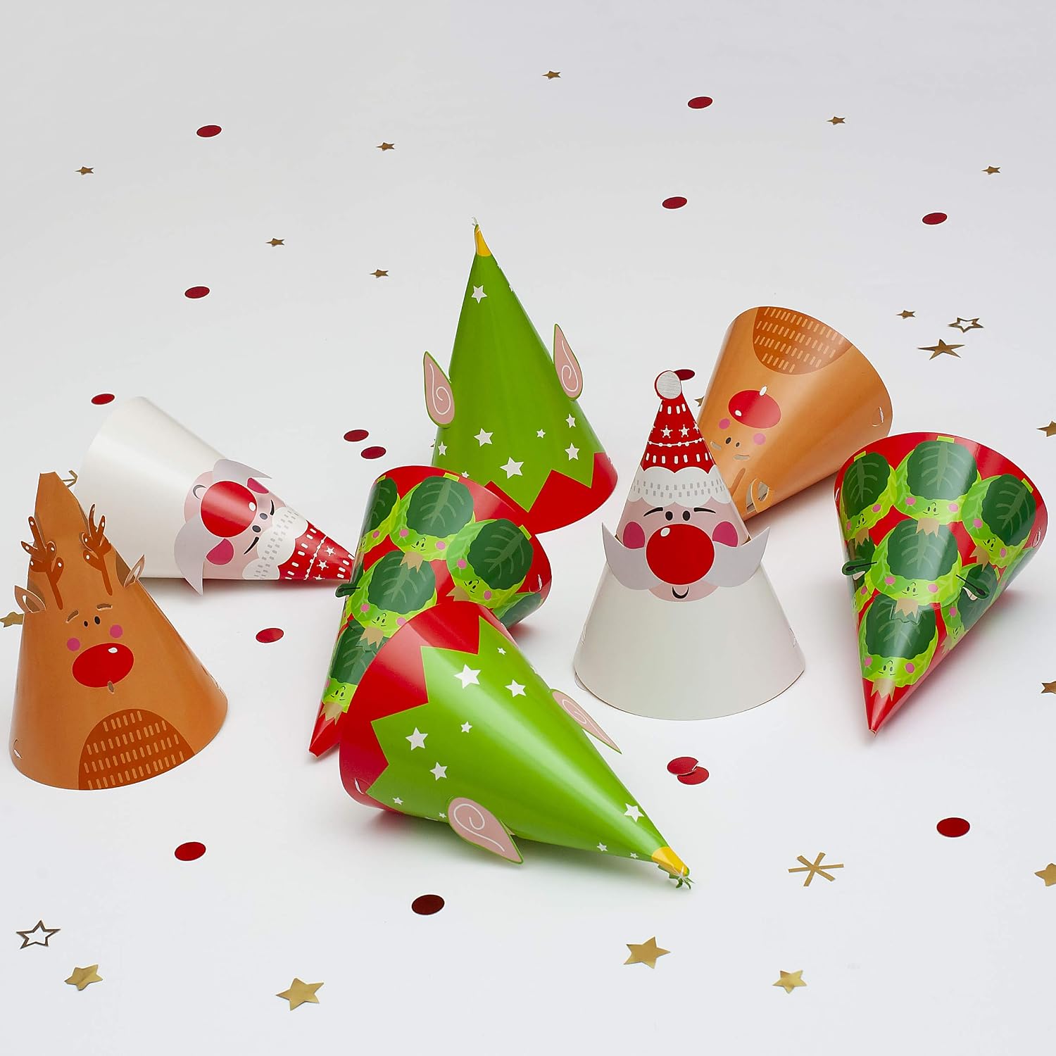 On The Wall Christmas Party Hats – Santa, Rudolph, Elf with Ears and Brussel Sprout (8 Pack) - Image 5