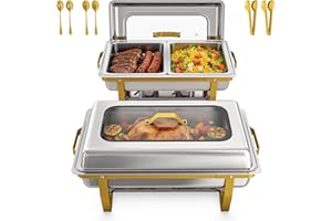 9 QT Chafing Dishes for Set 2 Pack, Gold Chafing Dish Buffet Set with Glass Lid, Stainless Steel Buffet Food Warmer Set with 