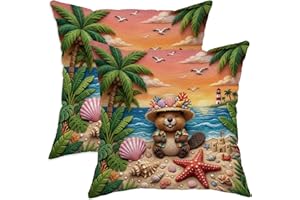Summer Beach Beaver Pillow Cases Kit with Zipper, Soft Breathable Tropical Palm Coastal Beachy Throw Pillow 20x20 Set of 2, F