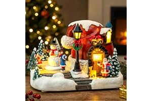 XPSCOCO Christmas Village Lighted Musical Collectible Buildings - USB-Powered Santa's Hat House Scene with Snowman, Animated Holiday Figurines, LED Lights & Festive Music for Xmas Decor and Home Decorations