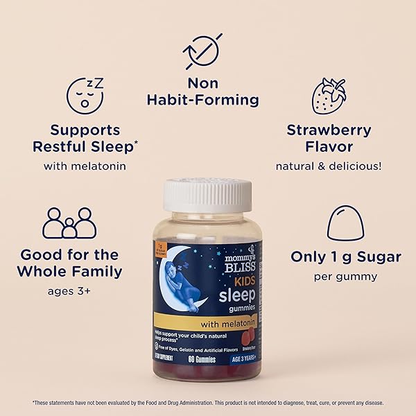 MOMMY’S BLISS KIDS SLEEP MELATONIN GUMMIES, NO ARTIFICIAL COLORS, FLAVORS OR GELATIN, STRAWBERRY FLAVOR CHILDREN’S MELATONIN GUMMIES, AGE 3+, 60 COUNT
