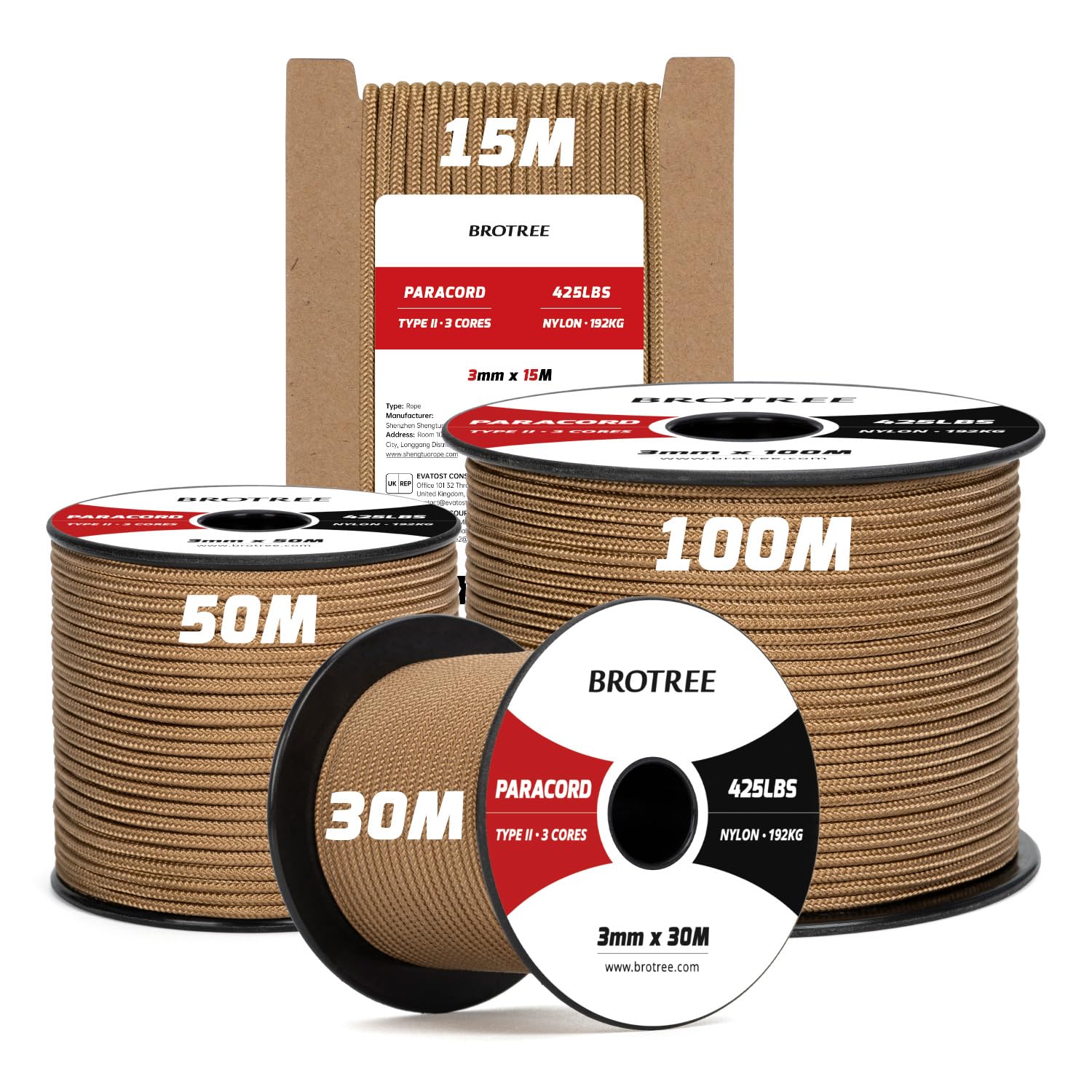 Brotree 3mm Paracord 425 100% Nylon 100M Rope 3 Strands Type II Parachute Cord for Outdoor, Craft, DIY - 192kg Breaking Load (Coyote Brown)