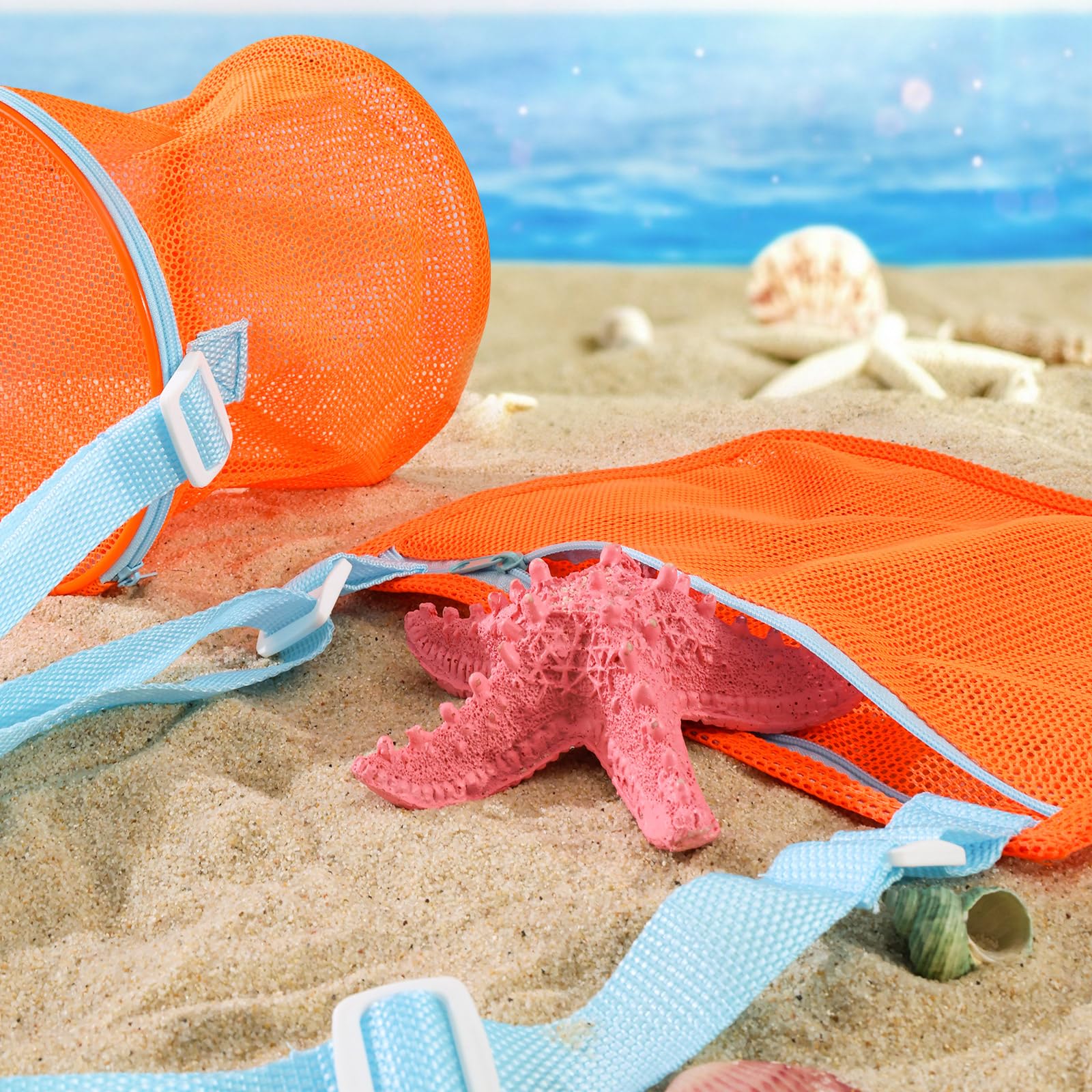 AMOR PRESENT 2PCS Shell Bags, Orange Mesh Toy Bag Shell Collecting Bag Totes with Zipper Sea Beach Toys Mesh Beach Bag Kids for Picking Up Shells Beach Sand Toy for Boys and Girls