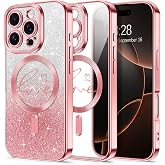 Hython for iPhone 16 Pro Max Case Glitter, Compatible with MagSafe Love Heart Magnetic Clear Phone Cases for Women Girls, Full Camera Protection Sparkle Plating Shockproof Protective Cover, Pink