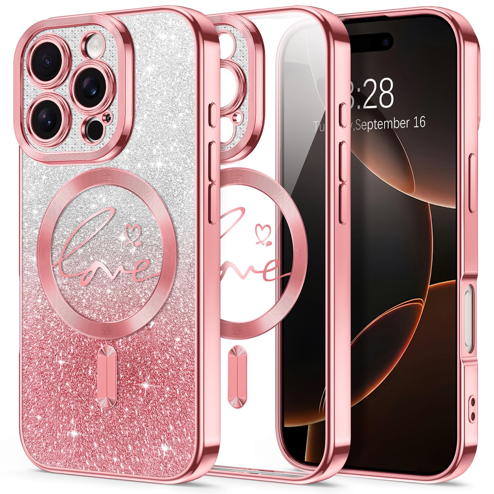 Photo 1 of Hython for iPhone 16 Pro Max Case Glitter, Compatible with MagSafe Love Heart Magnetic Clear Phone Cases for Women Girls, Full Camera Protection Sparkle Plating Shockproof Protective Cover, Pink
