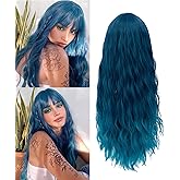 Netgo Teal Wig for Women, Dark Blue Wig with Bangs, Long Fluffy Curly Wavy Blue Hair Wigs Synthetic Daily Cosplay Party Wigs