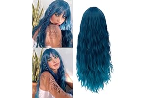 Netgo Teal Wig for Women, Dark Blue Wig with Bangs, Long Fluffy Curly Wavy Blue Hair Wigs for Girl Synthetic Daily Cosplay Party Wigs