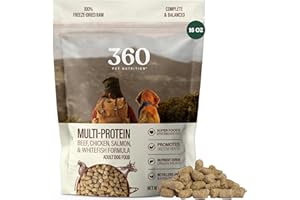 360 Pet Nutrition Freeze-Dried Raw Dog Food – Multi-Protein with Beef, Chicken, Fish, Liver & Organs, High Protein, Omega-3s, Fruits, Veggies & Superfoods, Grain-Free, No Fillers, 1 lb – Made in USA