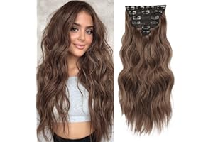 NAYOO Clip in Hair Extensions for Women 20 Inch Long Wavy Curly Chestnut Brown Hair Extension Full Head Synthetic Hair Extension Hairpieces(6PCS,Chestnut Brown)