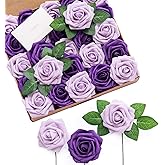 Ling’s Moment Artificial Flowers 25Pcs Purple Roses Decor w/Stems,3" Real Touch DIY Foam Floral for Wedding Bouquet/Centerpieces, Outdoors Party Backdrop, Room/Table, and Garden/Pot Decorations (2023)
