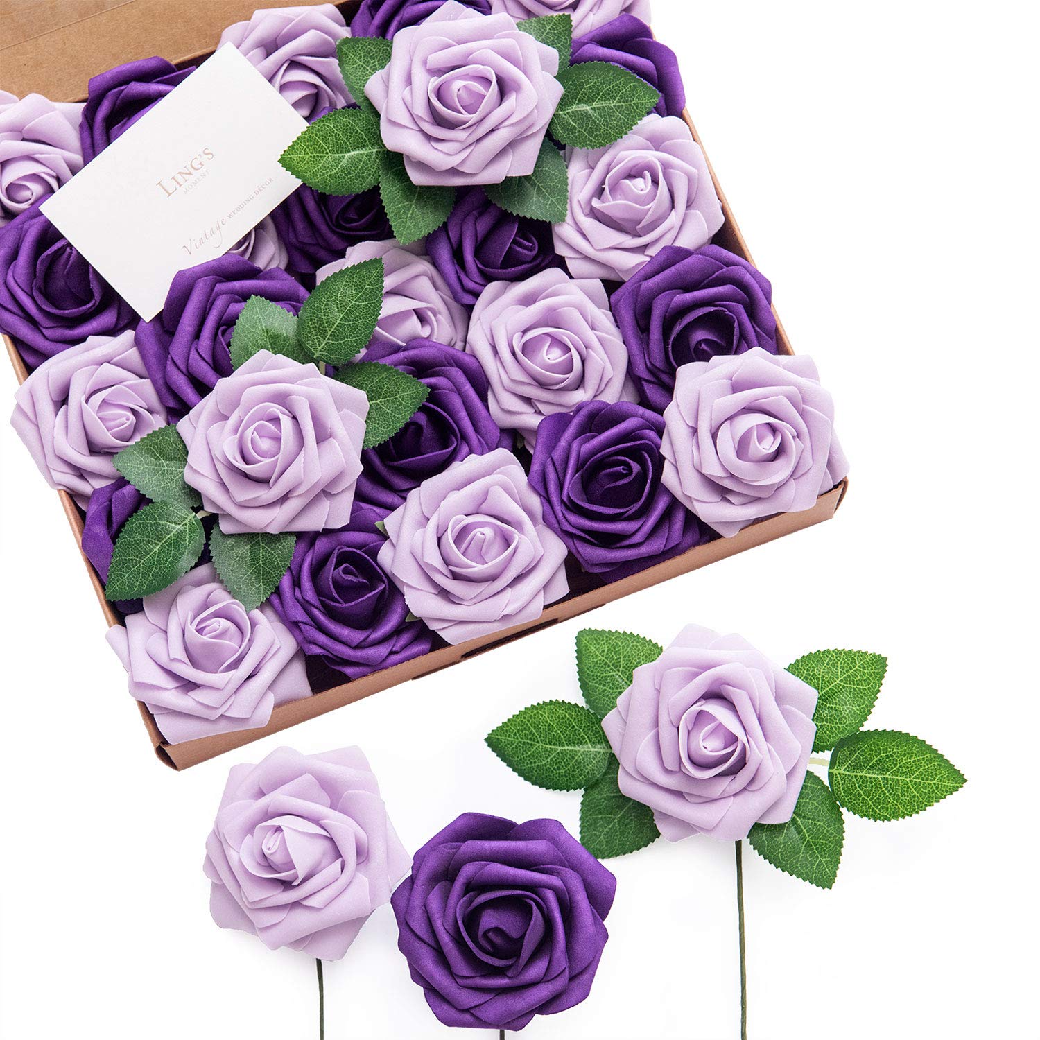 Photo 1 of Ling’s Moment Artificial Flowers 25Pcs Purple Roses Decor w/Stems,3" Real Touch DIY Foam Floral for Wedding Bouquet/Centerpieces, Outdoors Party Backdrop, Room/Table, and Garden/Pot Decorations ?2023?