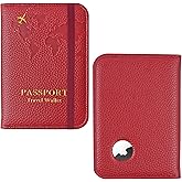 Hennaja Passport Holder with Airtag Slot, Airtag Passport Wallet for Men Women, Slim Leather Passport Holder Case Family for Travel Anti-Lost(1-Lichee Dark Red)