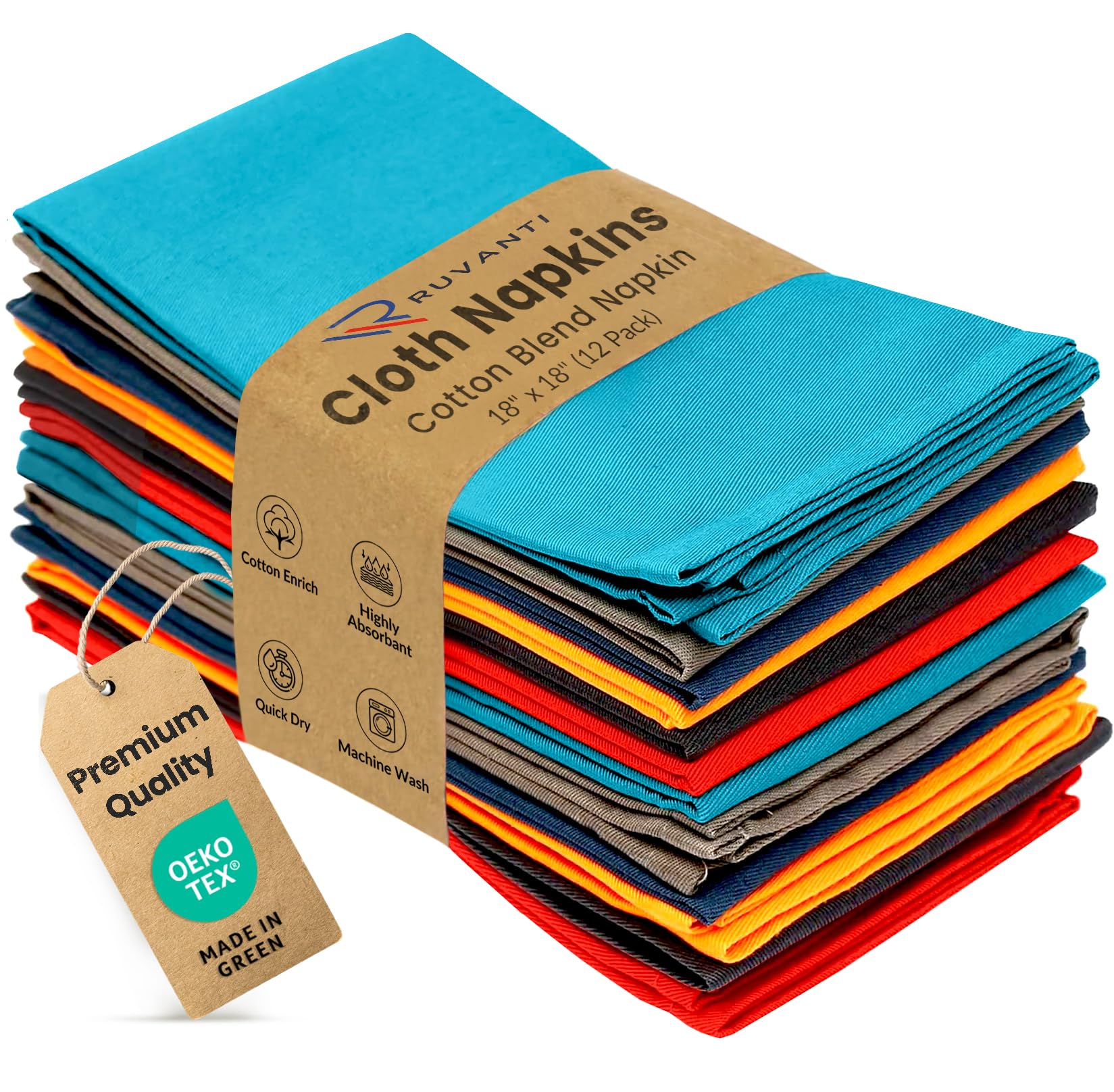 Ruvanti Multi Color Linen Napkins - 12 Pack, 18x18 Inch, Soft, Comfortable Reusable Table Napkins for Home, Dinner, Cocktail, Wedding, Party Use