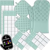 Oven Mitts Kitchen Towels Dishcloths with Pot Holders Sets 12PCS,Dish Towels Sets,Oven Gloves Pot Pads Heat Resistant 500 Degrees with Non-Slip Silicone Surface for Cooking Baking Grilling-Mint Green