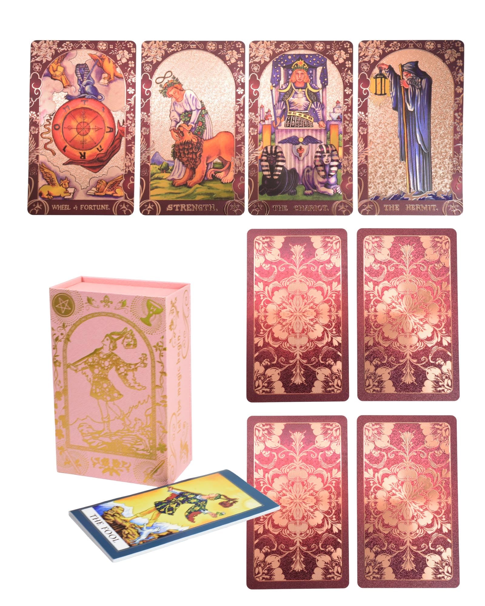 YIMINGOUFEI English wine red gold foil tarot deck, 78 cards + 2 collection cards, with 36 pages of English color guide, PVC frosted holographic printing, waterproof design, suitable for collectors — image 1