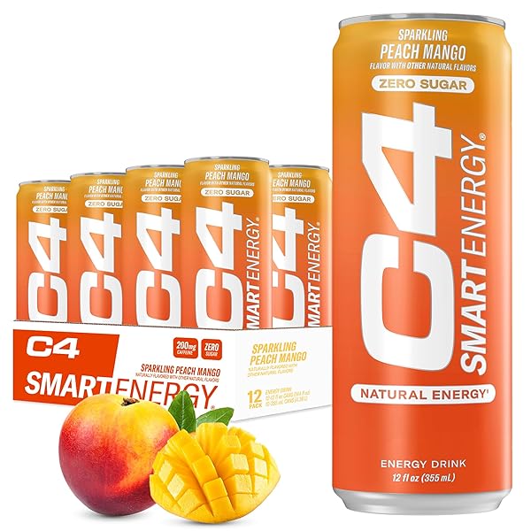 CELLUCOR C4 SMART ENERGY DRINK ‚ BOOST FOCUS AND ENERGY WITH ZERO SUGAR, NATURAL ENERGY, AND NOOTROPICS – 200MG CAFFEINE – PEACH MANGO (12OZ PACK OF 12)