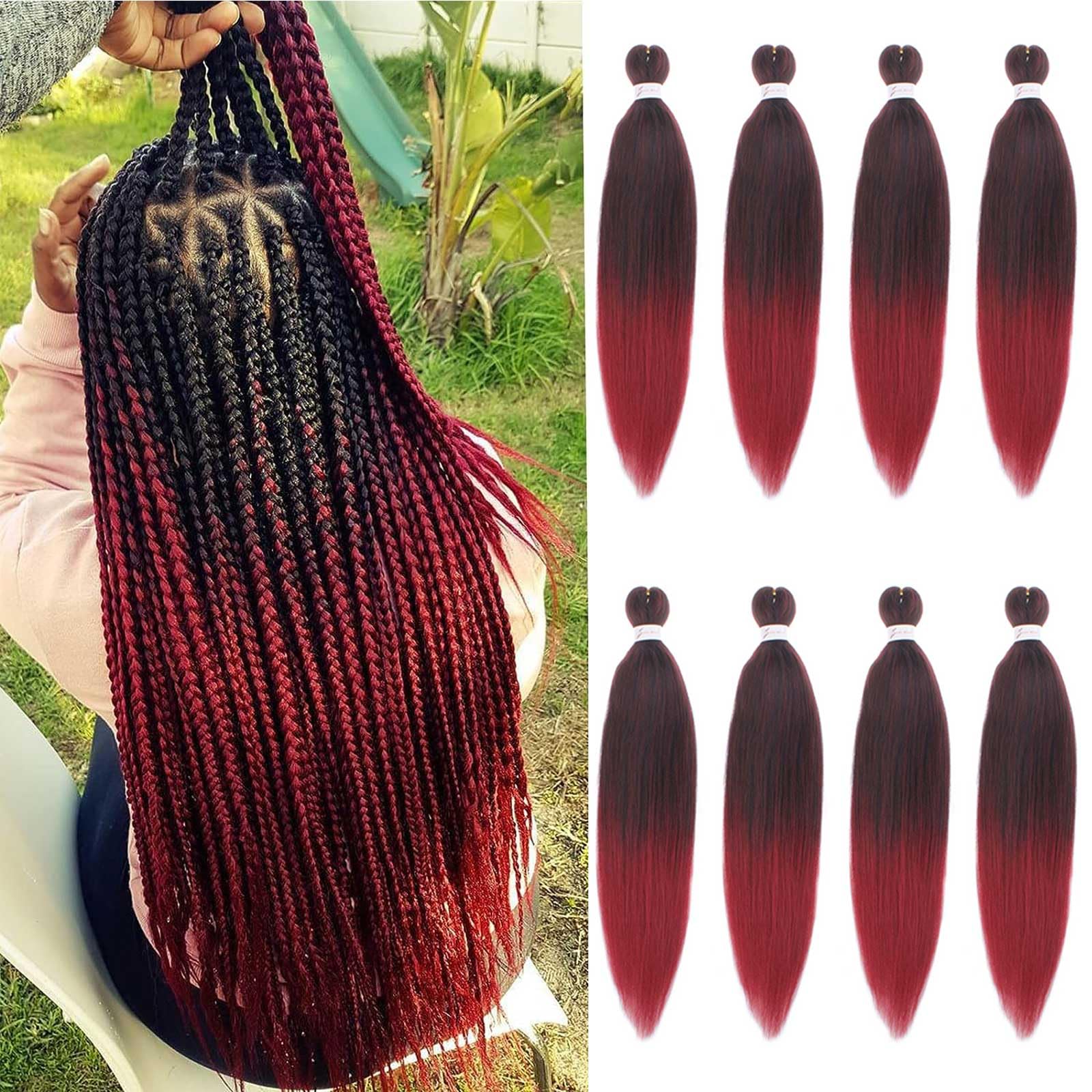 Xtrend 20 Inch EZ Braids 8Packs Ombre Bungundy Pre-Stretched Easy Braiding Hair Extensions Itch Free Hot Water Setting Synthetic Fiber Hair Extensions 1B900# โ image 1
