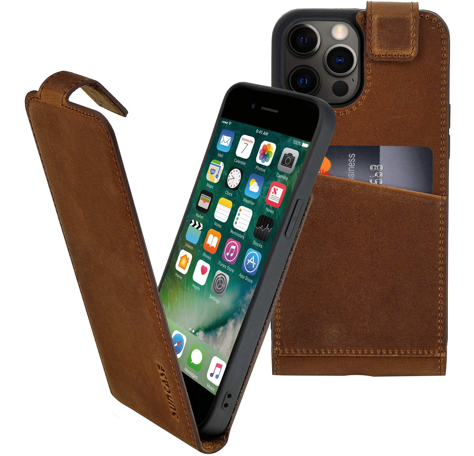 Suncase Original Flip Style (Ultra-Slim) Compatible with iPhone 12 Pro Max (6.7 Inch) Leather Case Protective Case Cover in Antique Coffee
