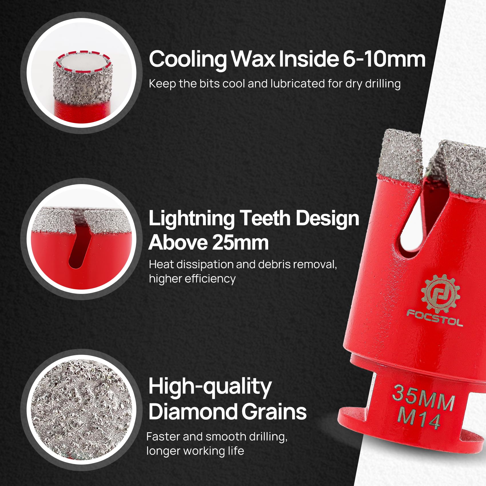 FOCSTOL Diamant Fliesenbohrer Set - 10 Stück (6/6/8/25/35/50/68mm+10mm Fingerfräser+50mm Fasenbohrer+Adapter) Diamant Lochsäge Set M14 Gewinde für Porzellan Keramik Fliesen Marmor Granit 3