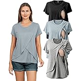 Rnxrbb 3 Pack Women's Nursing Tops for Breastfeeding Summer Short Sleeve T Shirts Postpartum Double Layer Clothes,Light Gray&Black&Gray Blue L