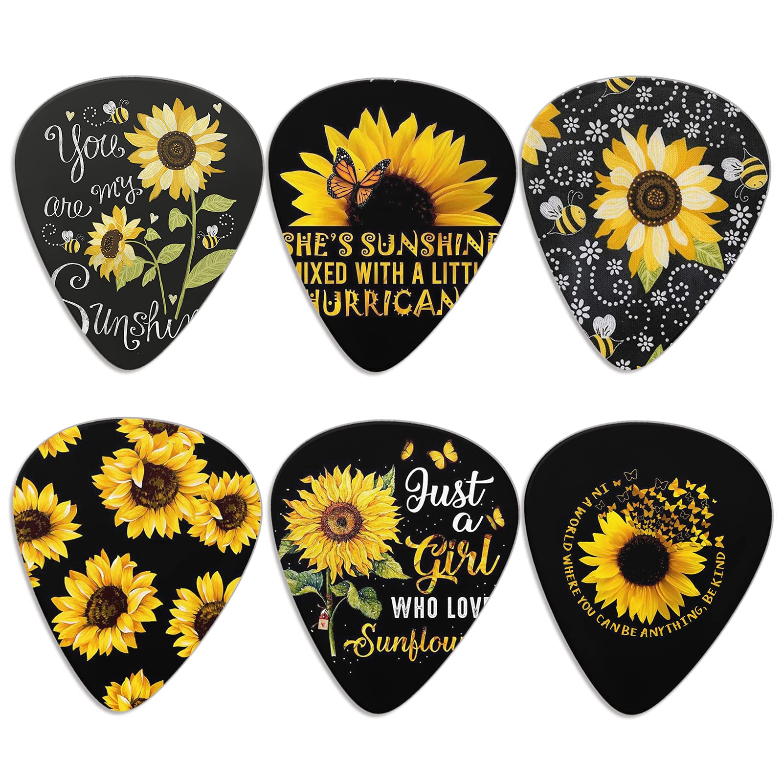 Jeiento Custom Guitar Picks 6 Pack, Text Sunflower Print Medium Thin Great Gift for Electric, Acoustic or Bass Guitars 0.96mm