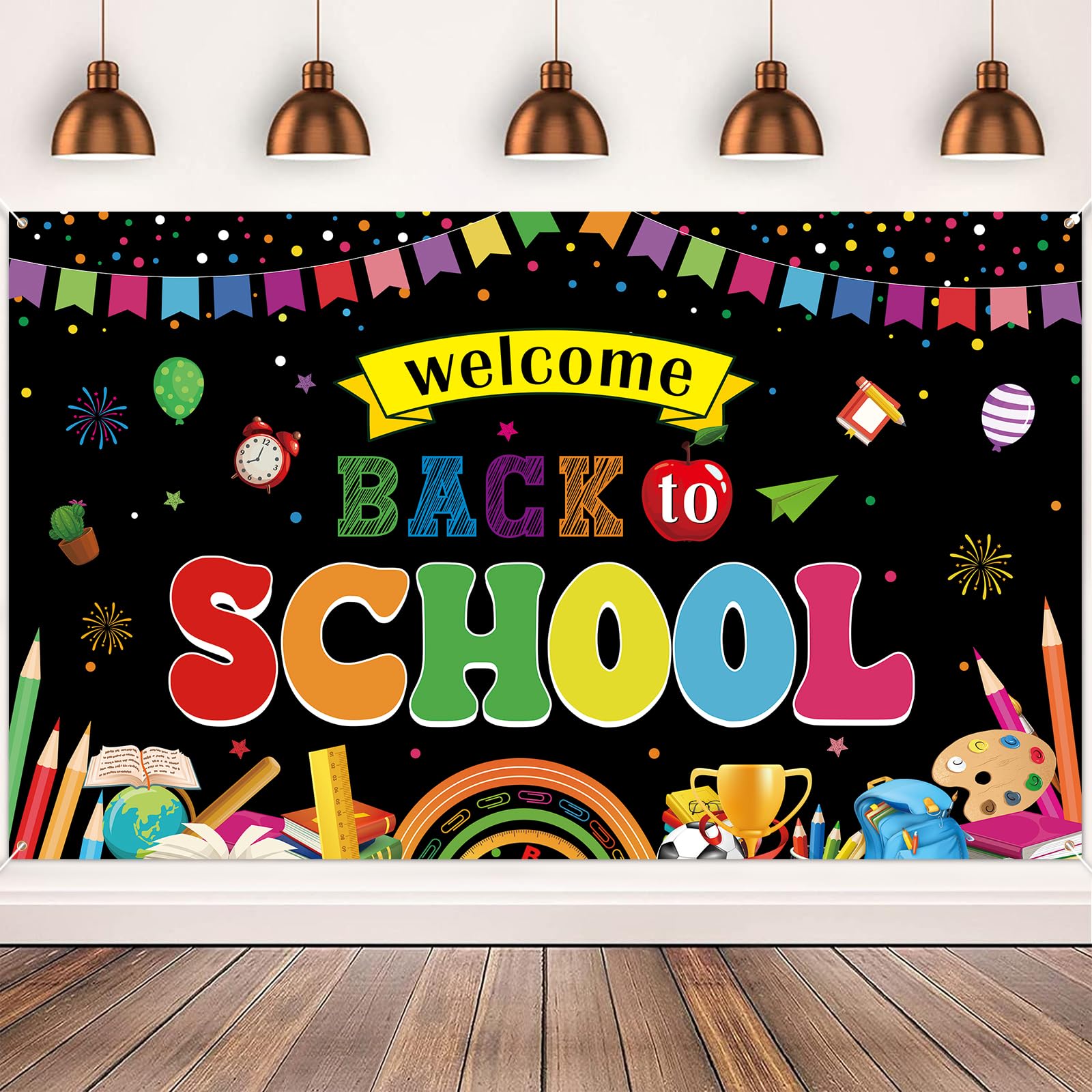 Photo 1 of Welcome Back to School Banner Backdrop, 72.8" x 43.3" Back to School Party Backdrop Colorful First Day of School Photography Backdrop for Office Classroom Party Decorations