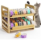 Rolling Bamboo Cat Food Can Organizer, 2-Layer Wet Cat Food Storage Container Holds 42 (3oz) Cans, Canned Cat Food Organizer 