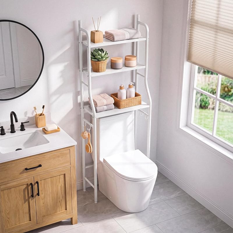 Estanteria Baño sobre Inodoro (47×26×153 cm) – Mueble Baño Auxiliar de 3 Niveles de Metal con Patas Regulables y Soporte Antivuelco, Organizador para Toallas, Lavadora o WC - Blanco — foto 7 de 7