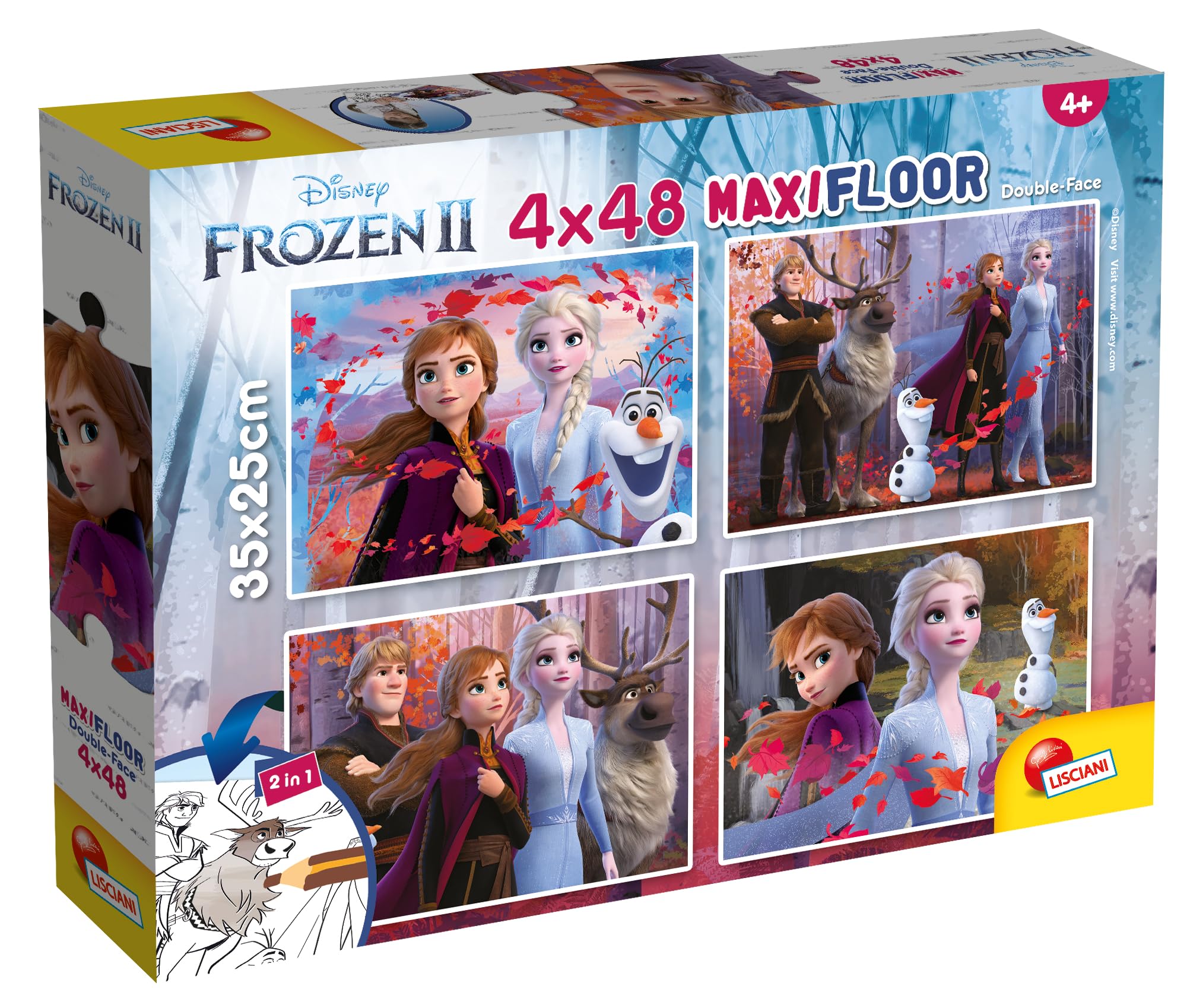 Lisciani - DISNEY FROZEN II - 2 in 1 Puzzle - 48 Pieces - 4 Puzzles from Frozen For Children From 4 Years - 35x25 cm - Double Sided - Colour the back with Felt Pens Included - Made in Italy