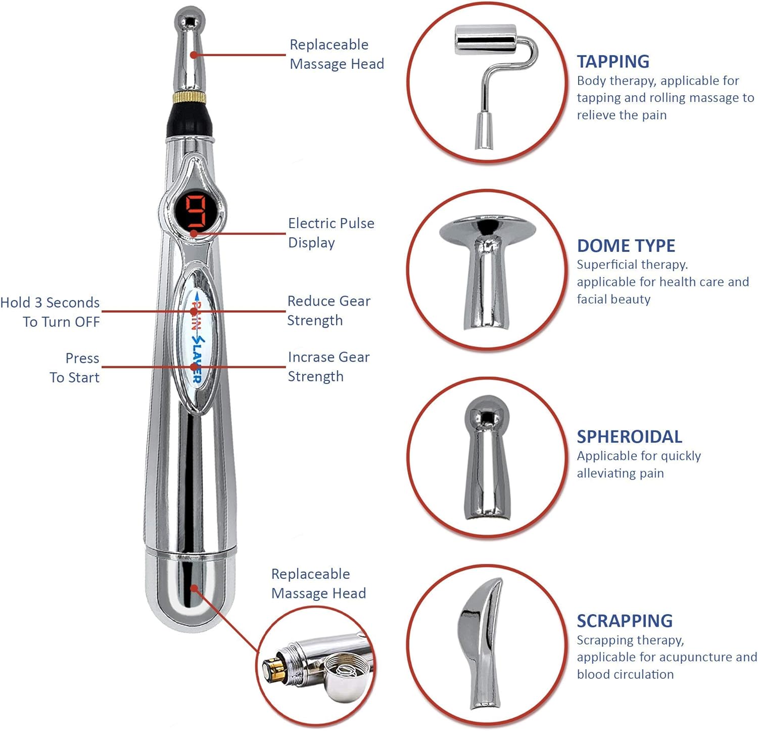 PAINSLAYER Acupuncture Pen with 5 Massage Heads Plus Massage Therapy Machine Function Energy Pain Therapy Relief, Electric Acupuncture Pen,Electro Acupuncture,2 Devices in ONE Box: Health & Personal Care
