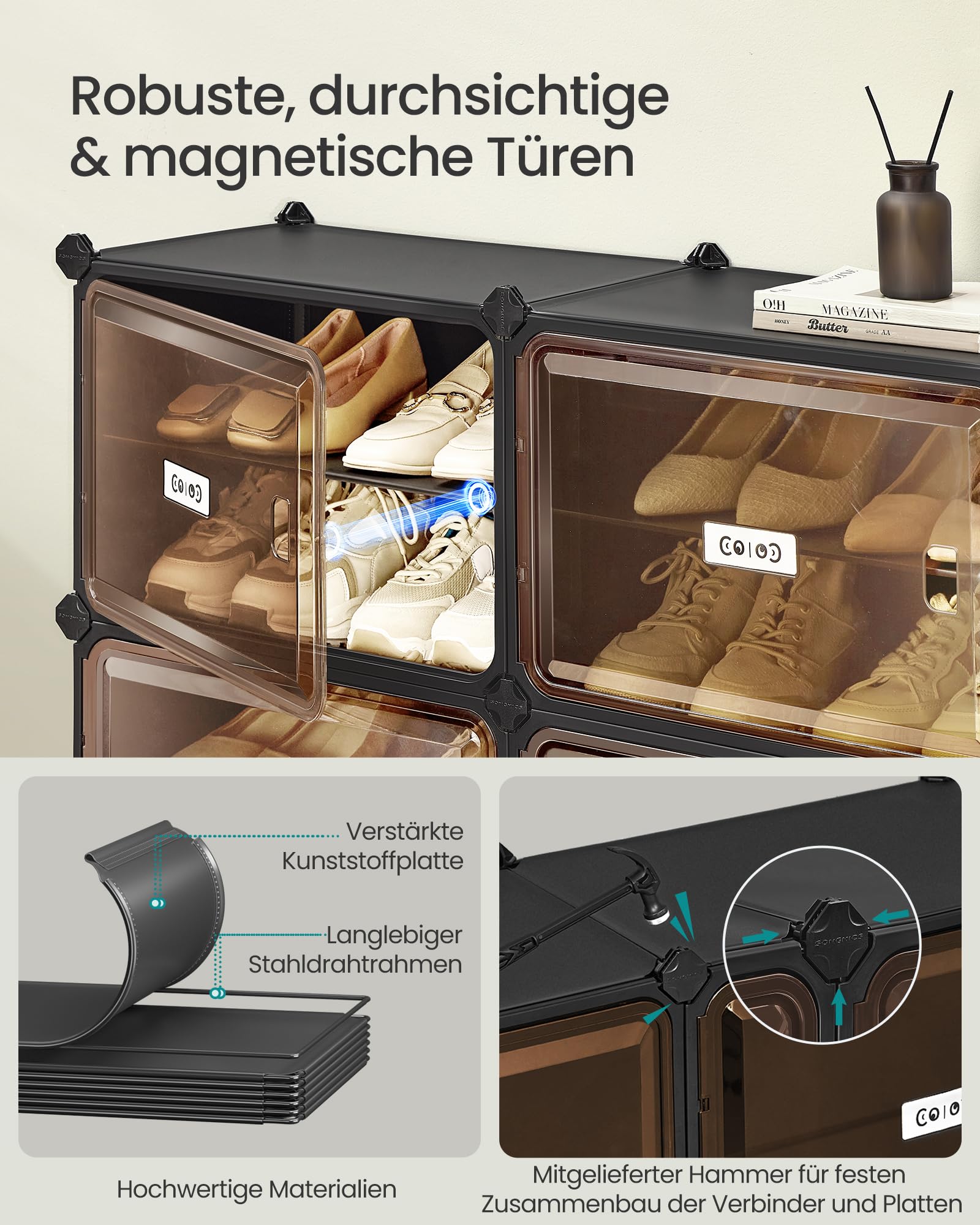 SONGMICS Schuhregal mit 8 Fächern, Schuhschrank, 30 x 45 x 30 cm pro Fach, durchsichtige Tür, Metallrahmen, für 32 Paar Schuhe, Flur, Schlafzimmer, tintenschwarz-transparentes Braun LPC054BH01 6