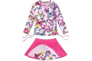 swimsobo Girls Rash Guard Two Pieces Bathing Suit Long Sleeve Swimsuit Swimming Skirt with Shorts Swimwear 3-12T