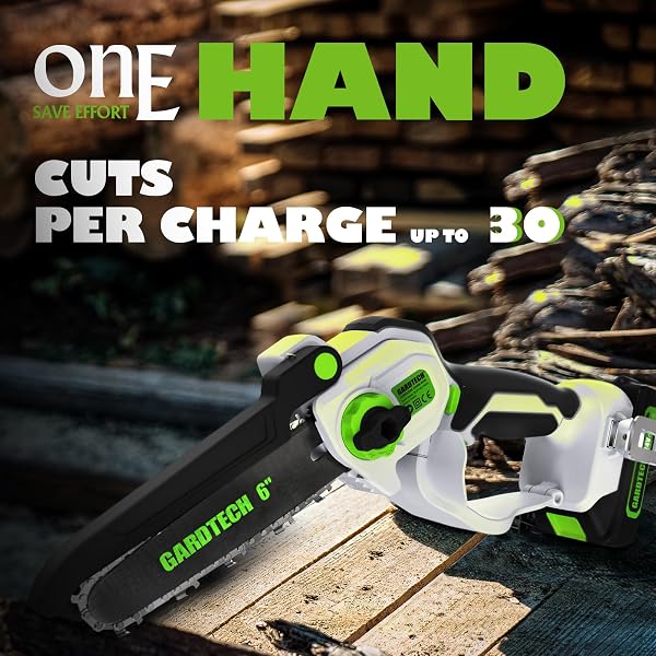 GARDTECH MINI CHAINSAW CORDLESS 6 INCH – PORTABLE ELECTRIC CHAINSAW CORDLESS BATTERY POWERED, HANDHELD SMALL CHAIN SAW WITH 2-SIDE SECURITY LOCK [SOUTHPAWS FRIENDLY] FOR WOOD CUTTING, PRUNING BRANCHES