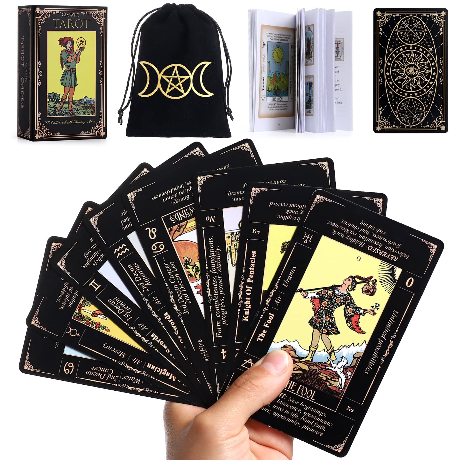Tarot Cards Deck with Guide Book & Linen Carry Bag - 78 Classic Original Tarot Cards for Fortune Telling - Ideal for Beginners to Experts, with Meanings Included