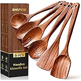 Premium Teak Wooden Spoons for Cooking, 6-Piece Wood Kitchen Utensils Set for Nonstick Cookware - Heat Resistant, Natural Healthy Spatula Set with Hanging Holes - Durable, Scratch-Free & Handcrafted