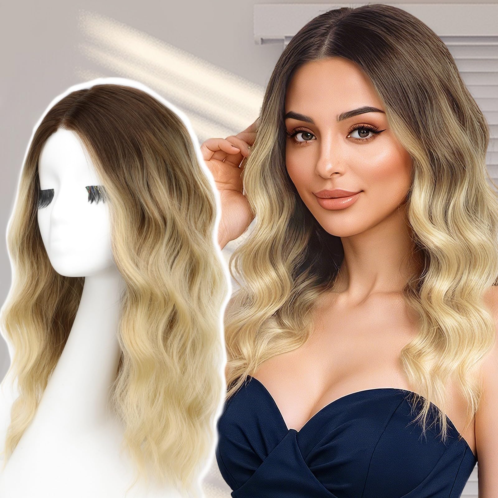 Photo 1 of AISI HAIR Ombre Blonde Wig for Women Medium Length Wave Curly Glueless Synthetic Heat Resistant Hair Wigs for Daily Party Cosplay