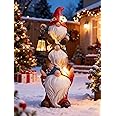 twinbling Christmas Gnome Statue with Solar Lights Garden Sculptures Funny Triple Gnome Outdoor Patio Lawn Yard Balcony Home