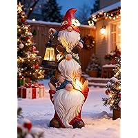 twinbling Christmas Garden Gnome Statue with Solar Lights Garden Sculptures Funny Triple Gnome Outdoor Patio Lawn Yard Balcon
