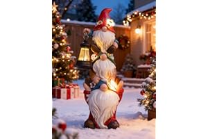 twinbling Christmas Gnome Statue with Solar Lights Garden Sculptures Funny Triple Gnome Outdoor Patio Lawn Yard Balcony Home Decor Birthday Gift for Woman Grandma 12 in Garden Gnome