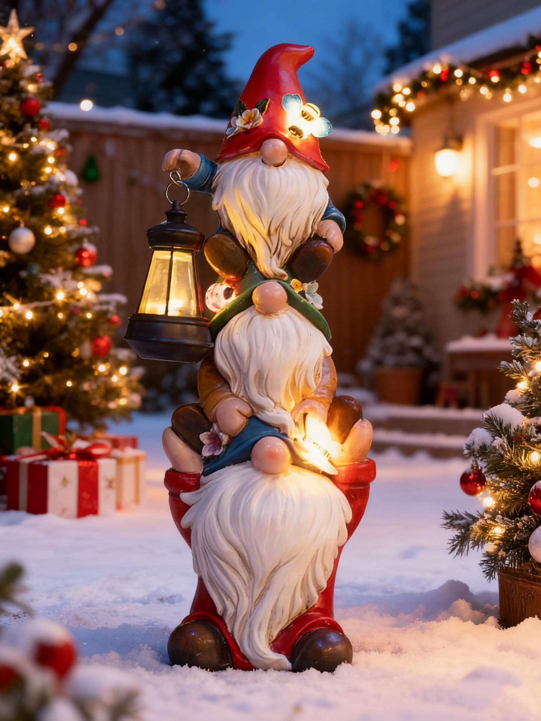 View 1 of ****LATTERN IS BROKEN OFF*****twinbling Christmas Gnome Statue with Solar Lights Garden Sculptures Funny Triple Gnome Outdoor Patio Lawn Yard Balcony Home Decor Birthday Gift for Woman Grandma 12 in Garden Gnome