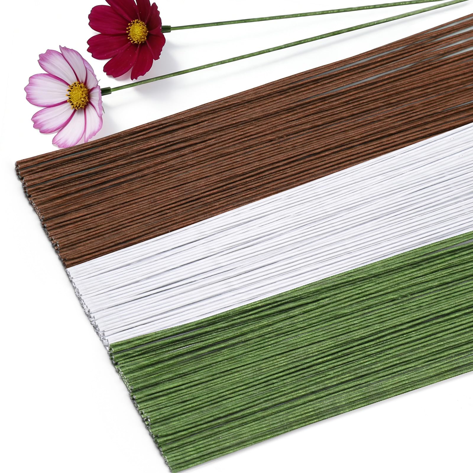 Qzma Floral Wire, 300 Pcs Florist Wire in 3 Colors, Flower Wire Stems for Decoration, Wreath, Handicraft Production, Floral Binding