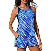 Summer Mae Blouson Tankini Swimsuits for Women 2026 Tummy Control Two Piece Bathing Suits with Sporty Pockets Swim Shorts