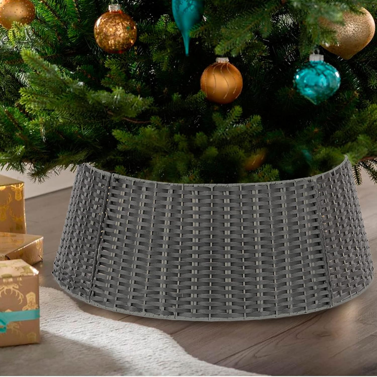 Tree Stands - SUNNYPARK Christmas Tree Collar, 23'' D Handmade Artificial Rattan Wicker Christmas Stand Tree Collar Basket Base Cover for Holiday Decoration-Round Gray …