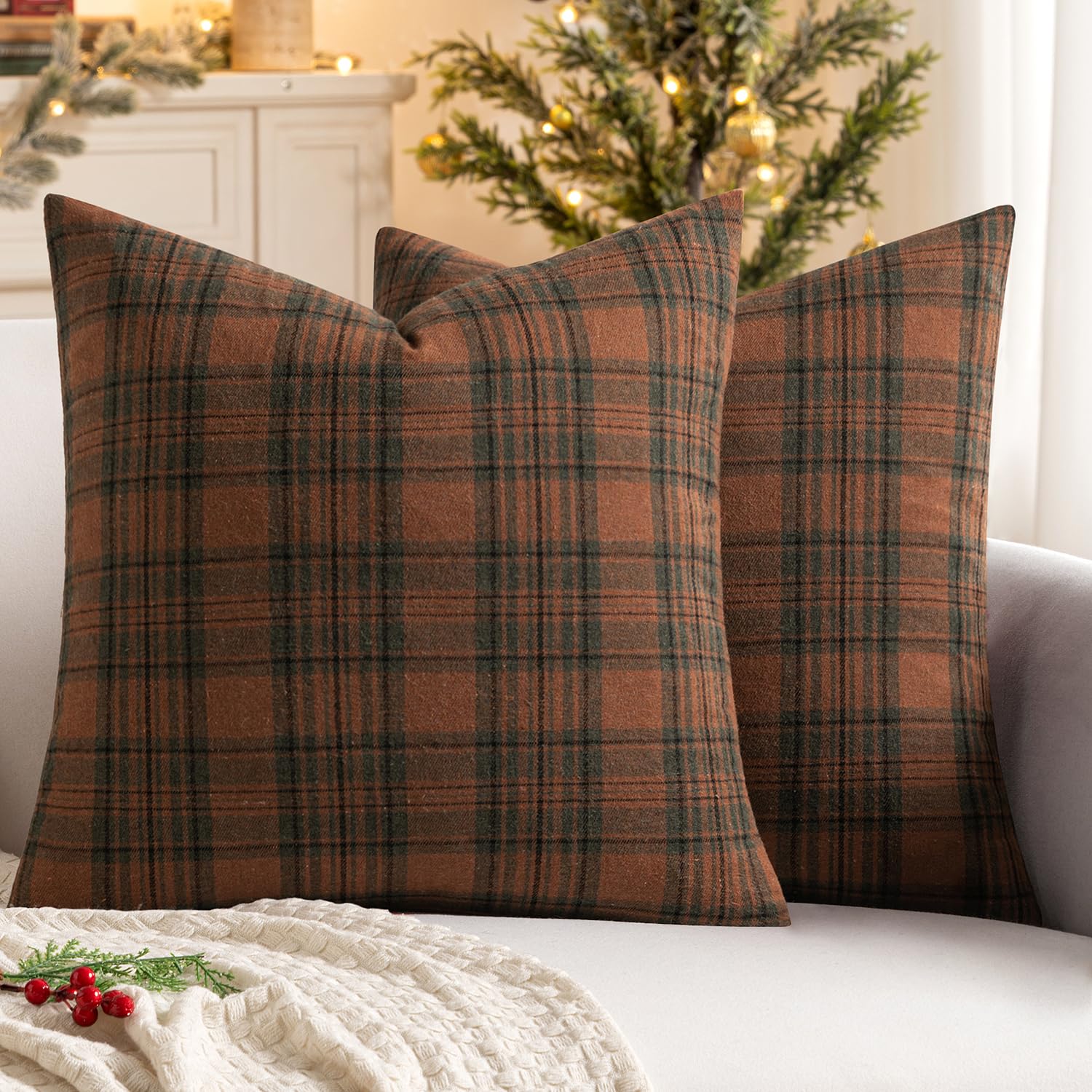 Photo 1 of ** ONLY ONE** MIULEE Fall Set of 2 Scottish Tartan Plaid Throw Pillow Covers Farmhouse Classic Decorative Outdoor Square Cushion Cases for Halloween Thanksgiving Decor Sofa Couch 18x18 Inch, Orange and Green