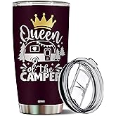 WONWIX Queen of The Camper Tumbler Camping Gifts For Campers Women Mom Coffee Cup with Lid 20oz Stainless Travel Mug Water Bottle Wife Gift