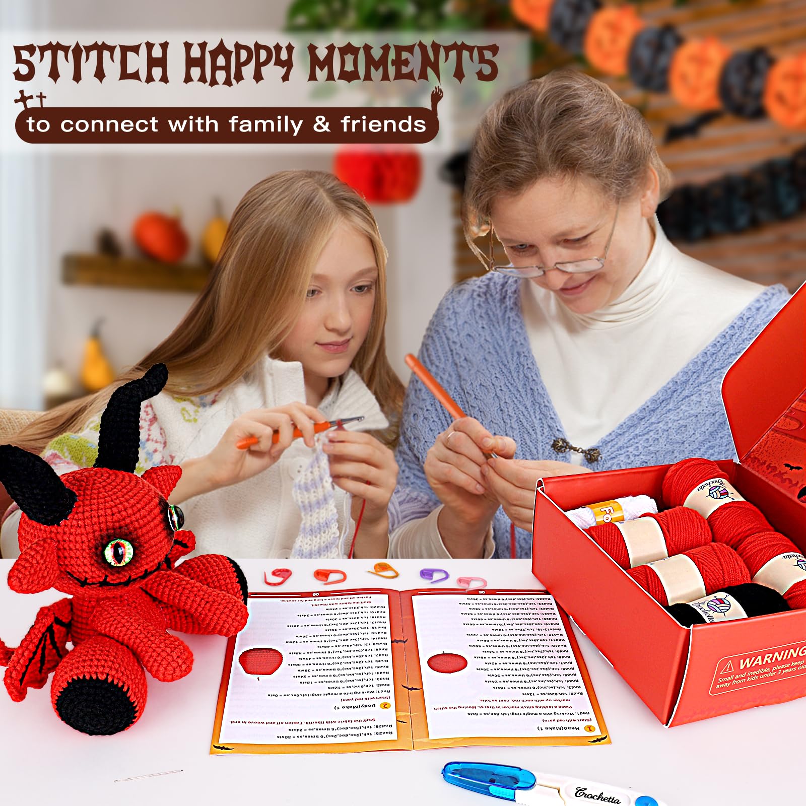 Crochetta Crochet Kit for Beginners, Crochet Starter Kit with Step-by-Step Video Tutorials, Amigurumi Crochet DIY Knitting Supplies for Adults Kids, Red Devil (40%+ Yarn)