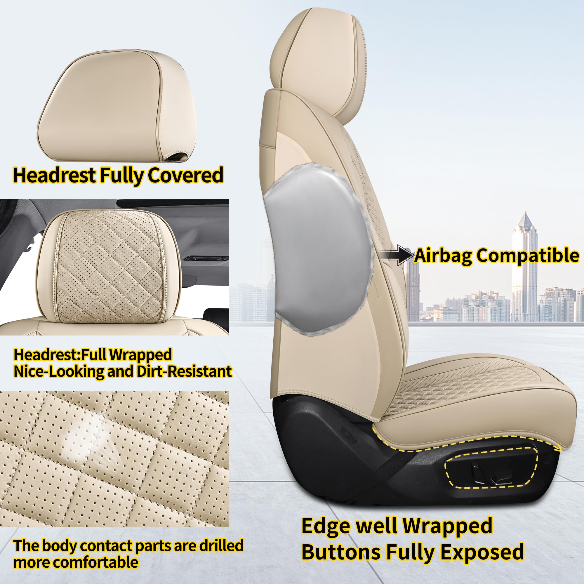 Chezope Automotive Car Seat Covers Front Pair Set Universal Fit for Most Cars SUV Sedans Trucks Waterproof Leatherette Car Seat Covers Accessories (Beige, Front Pair Beige)