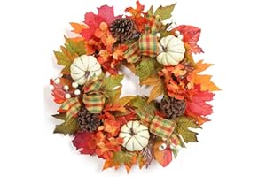 Adeeing 20" Fall Wreath for Front Door, Autumn Wreath with Pumpinks Pinecones Maple Leaves, Fall Decor for Thanksgiving Harvest Home Outside Indoor Wall Porch