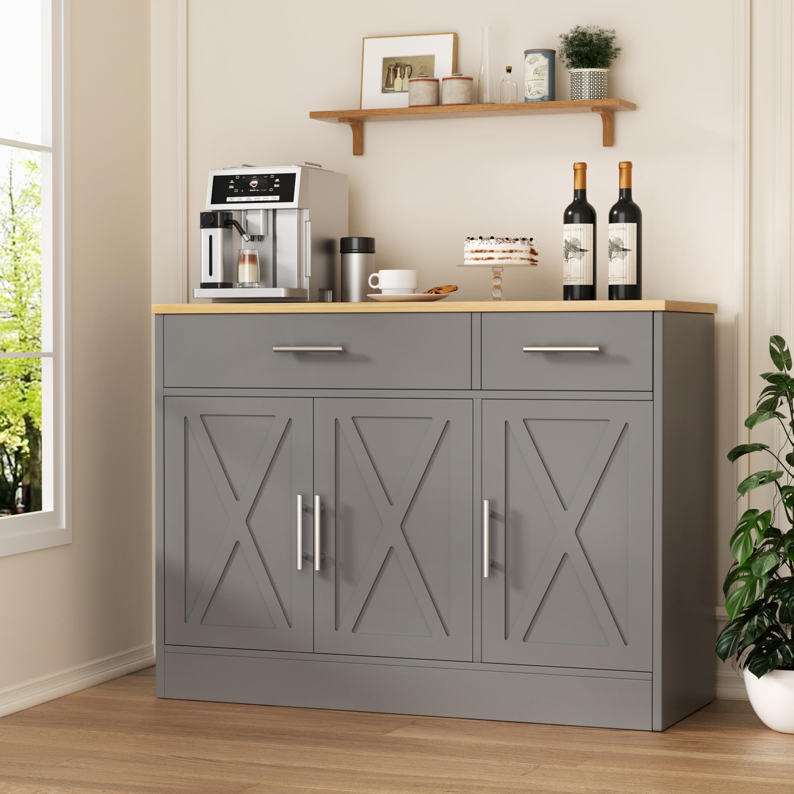 Photo 1 of **LOOSE HARDWARE INSIDE THE BOX** Shintenchi 3 Doors Farmhouse Sideboard Buffet Cabinet, 41" Barn Doors Buffet with Storage, Wood Coffee Bar Cabinet with Adjustable Shelf for Kitchen, Living Room,Grey