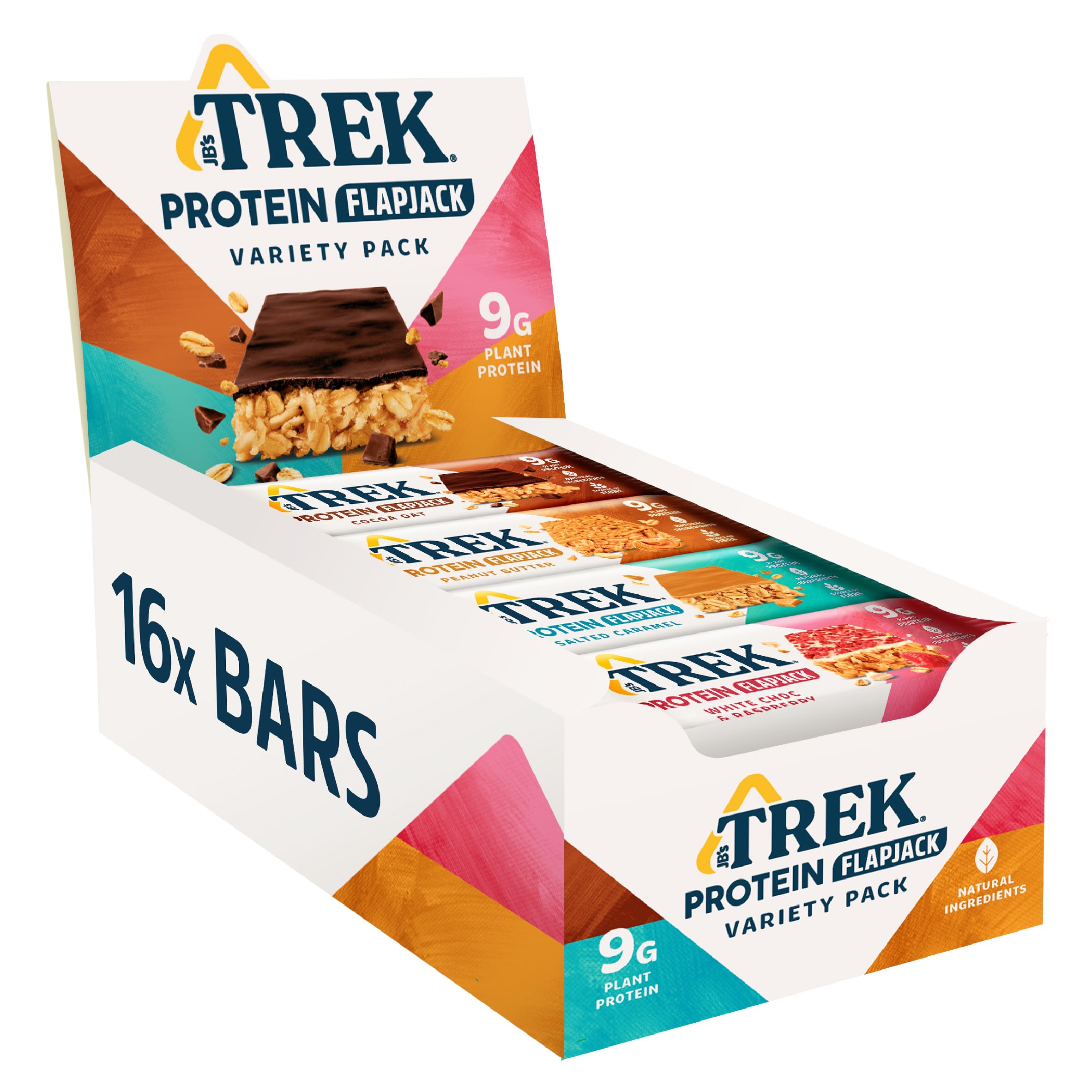 JB's TREK High Protein Flapjack Variety Pack - Gluten Free - Plant Based - Vegan Snack - 50 g x 16 bars